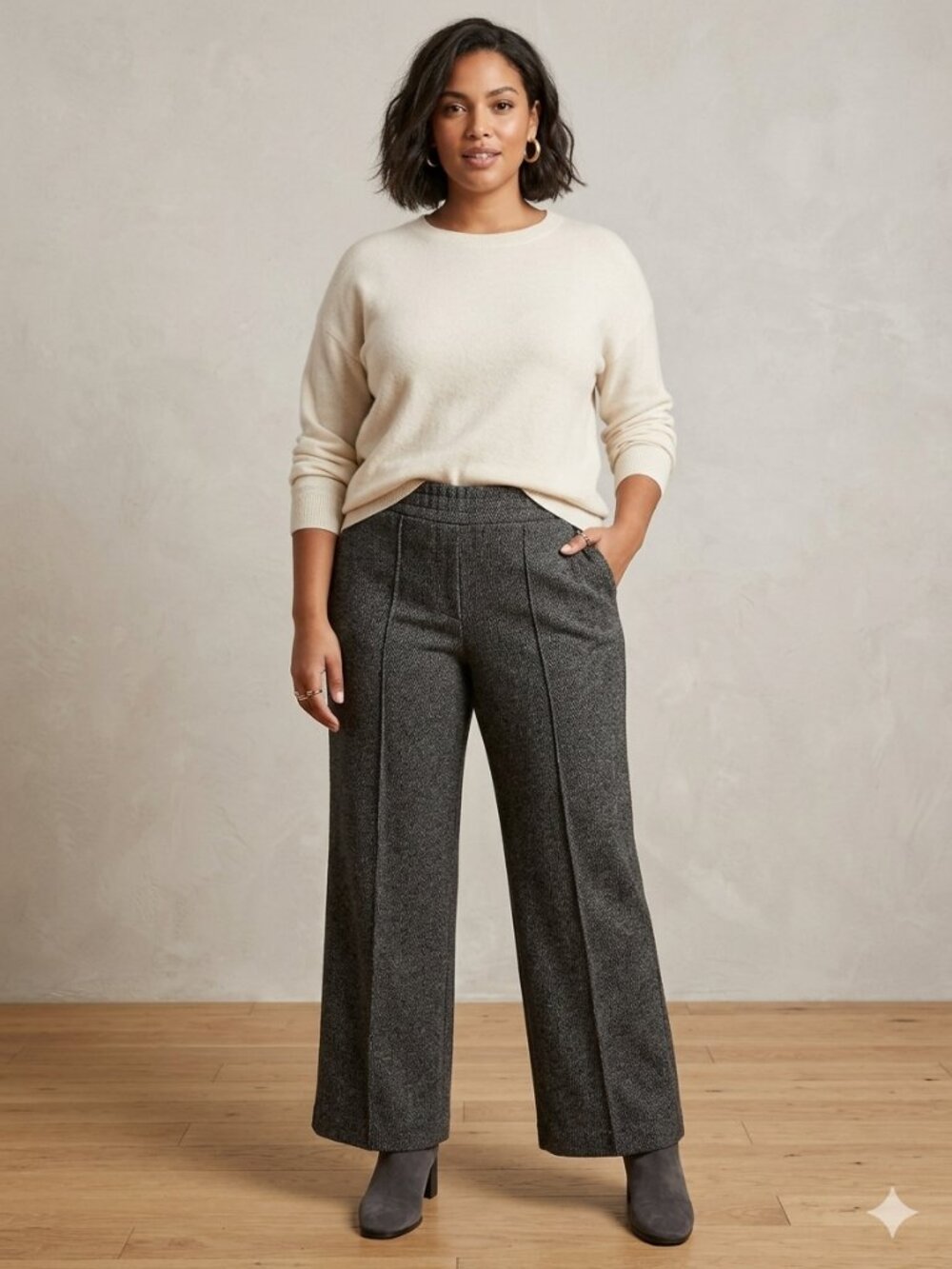 NWT Multiples Dark Grey Herringbone Wide Leg Pants 2 Pockets Sz XL